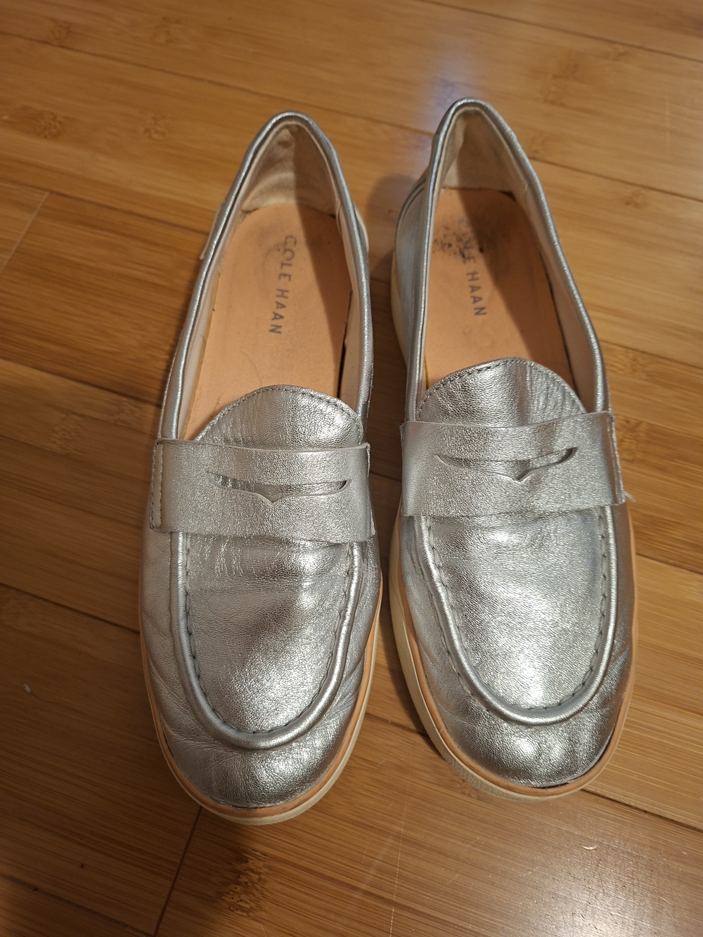 Cole Haan Metallic Silver Leather Penny Loafers, Size 8